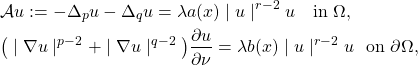 \begin{eqnarray*} &~&\mathcal{A} u:=-\Delta_p u-\Delta_q u=\lambda a(x) \mid u\mid ^{r-2}u\ \ \mbox{ in} ~ \Omega, \nonumber \\ &~&\big(\mid \nabla u\mid ^{p-2}+\mid \nabla u\mid ^{q-2}\big)\frac{\partial u}{\partial\nu}=\lambda b(x) \mid u\mid ^ {r-2}u ~ \mbox{ on} ~ \partial \Omega, \nonumber \end{eqnarray*}