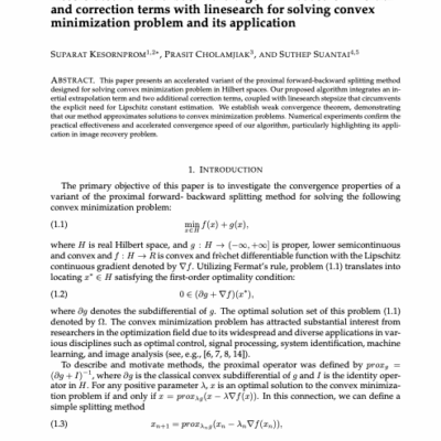 Accelerated forward-backward algorithm based on inertial and correction terms with linesearch for solving convex minimization problem and its application